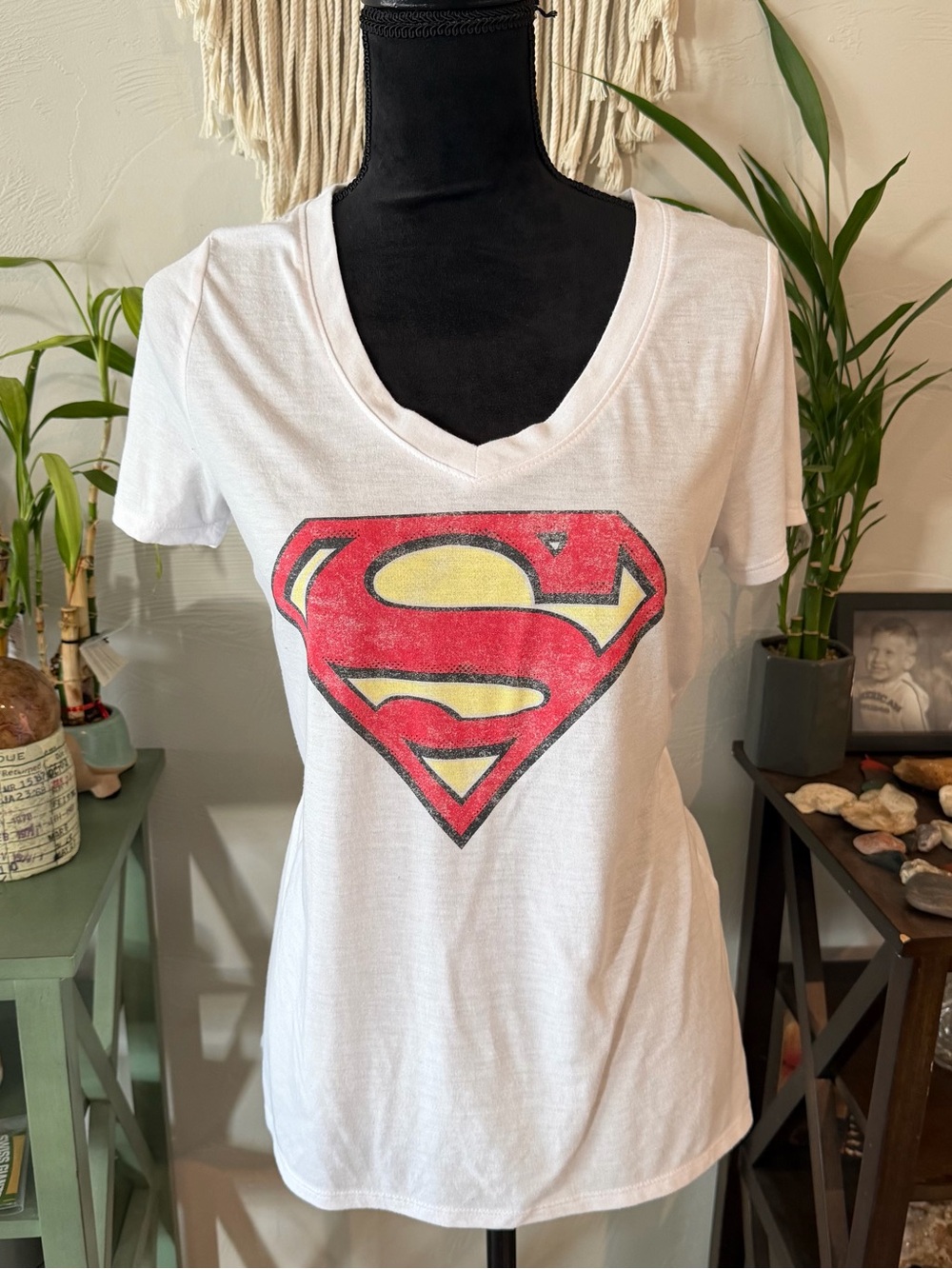 DC Comics Women's White V-Neck Tee with Red and Yellow Superman Shield